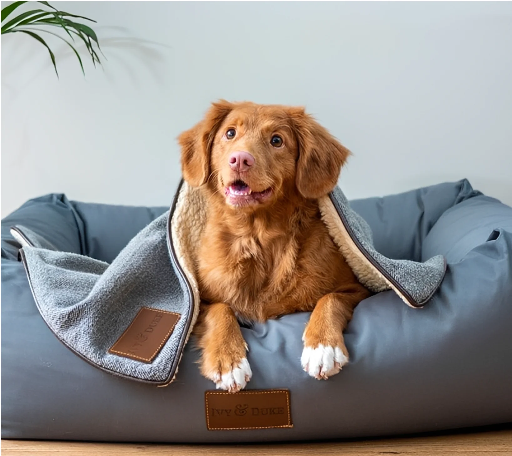 Dog resting comfortably in a cozy pet bed at home