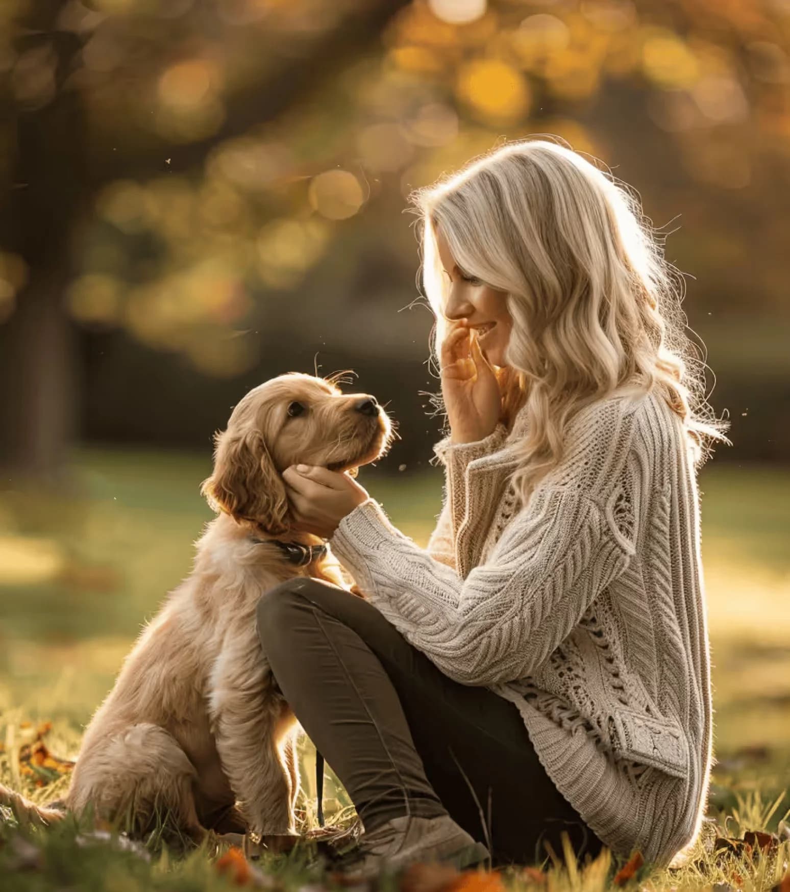 Woman with a golden puppy in a garden